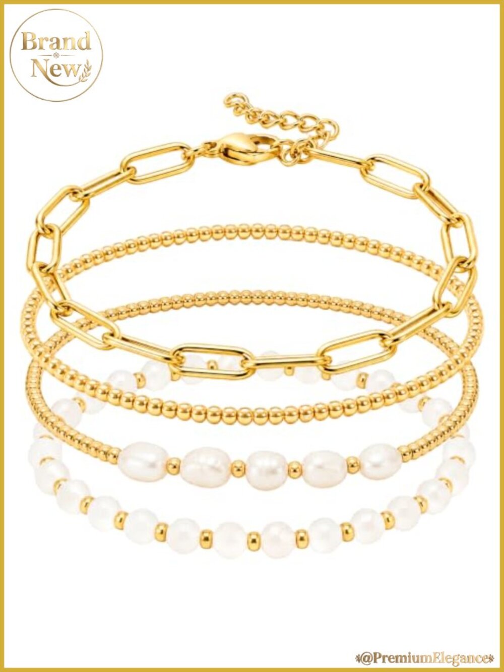 14K Gold Plated Pearl Crystal Beaded Bracelets Set for Women Adjustable
